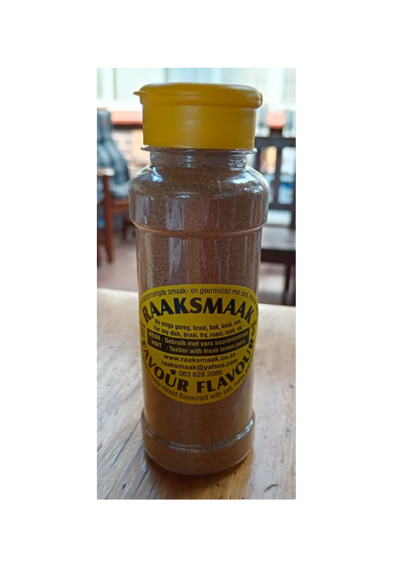 A bottle of Raaksmaak spice blend with a yellow cap and yellow label